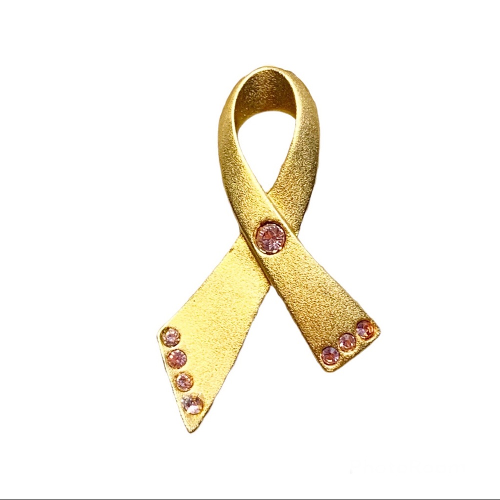 Breast cancer awareness ribbon pin pink rhinestone on gold tone